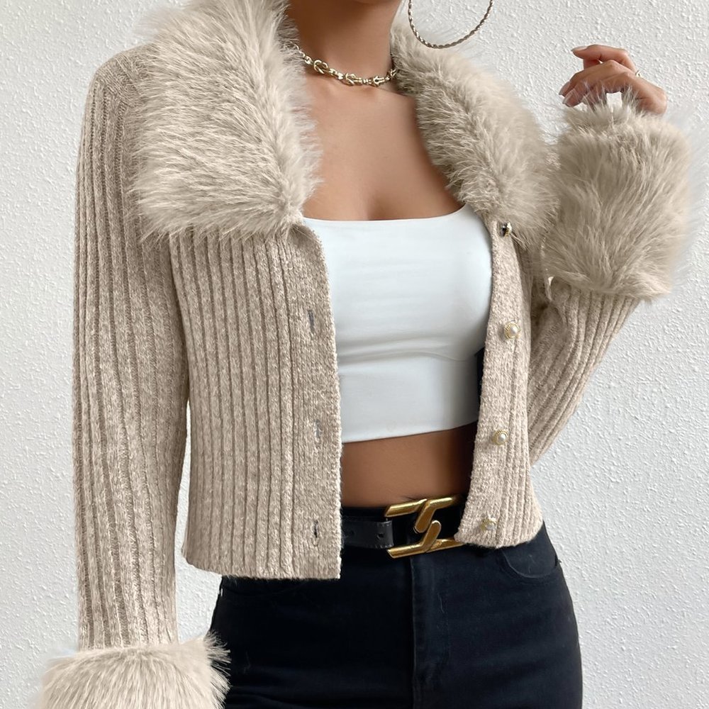 Apricot Preppy Women's Furry Collar Long Sleeve Knitted Ribbed Cardigan - Picture 5 of 5